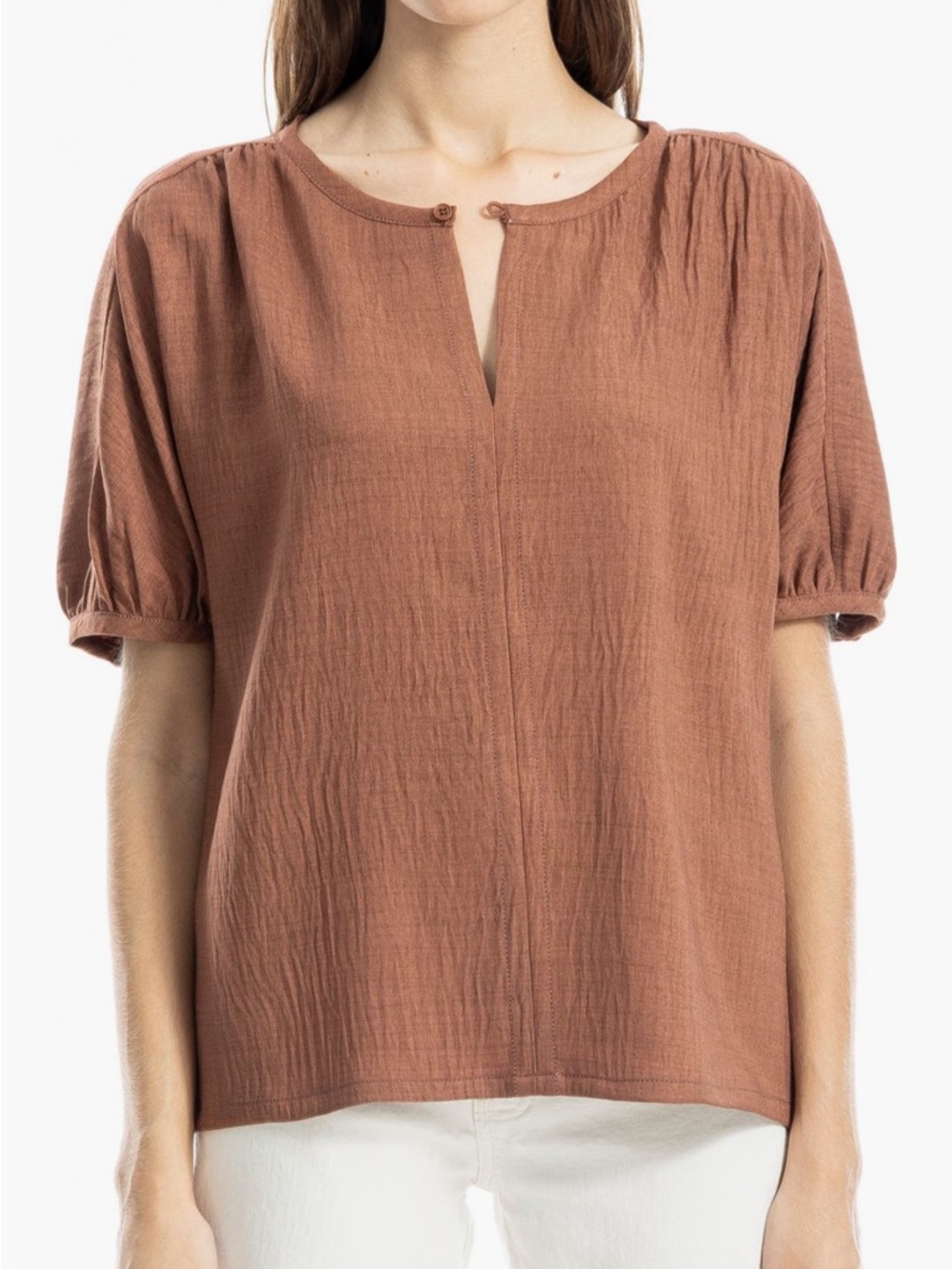 Relaxed Linen Blend Short Sleeve Split Neck Blouse Top in Rust Max Studio Small